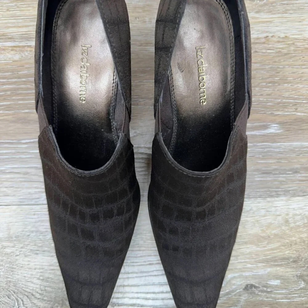 Liz Clairborne Labrinth Dark Brown Croc. Jacquard Heels Women's Size 7